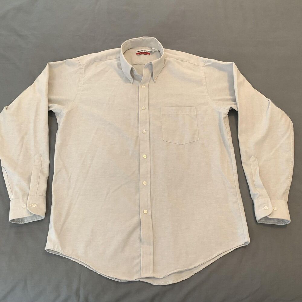 Manhattan Shirt Mens 16 34-35 Light Gray Button‎ Down Long Sleeve Pocket Classic
